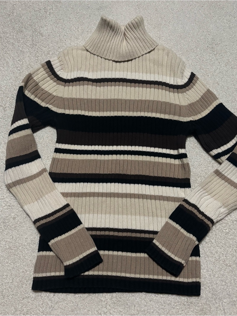 Sonoma Ribbed Turtleneck Sweater in Beige, Cream & Black Stripes